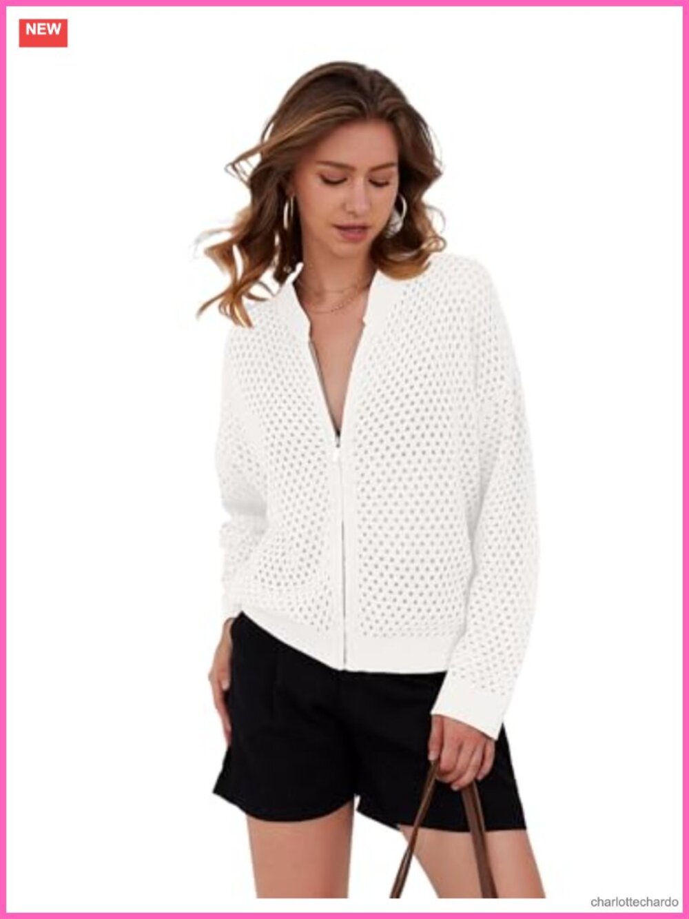 Crochet Zip Up Cardigan Sweater Oversized Long Sleeve Hollow Out Knit Bomber